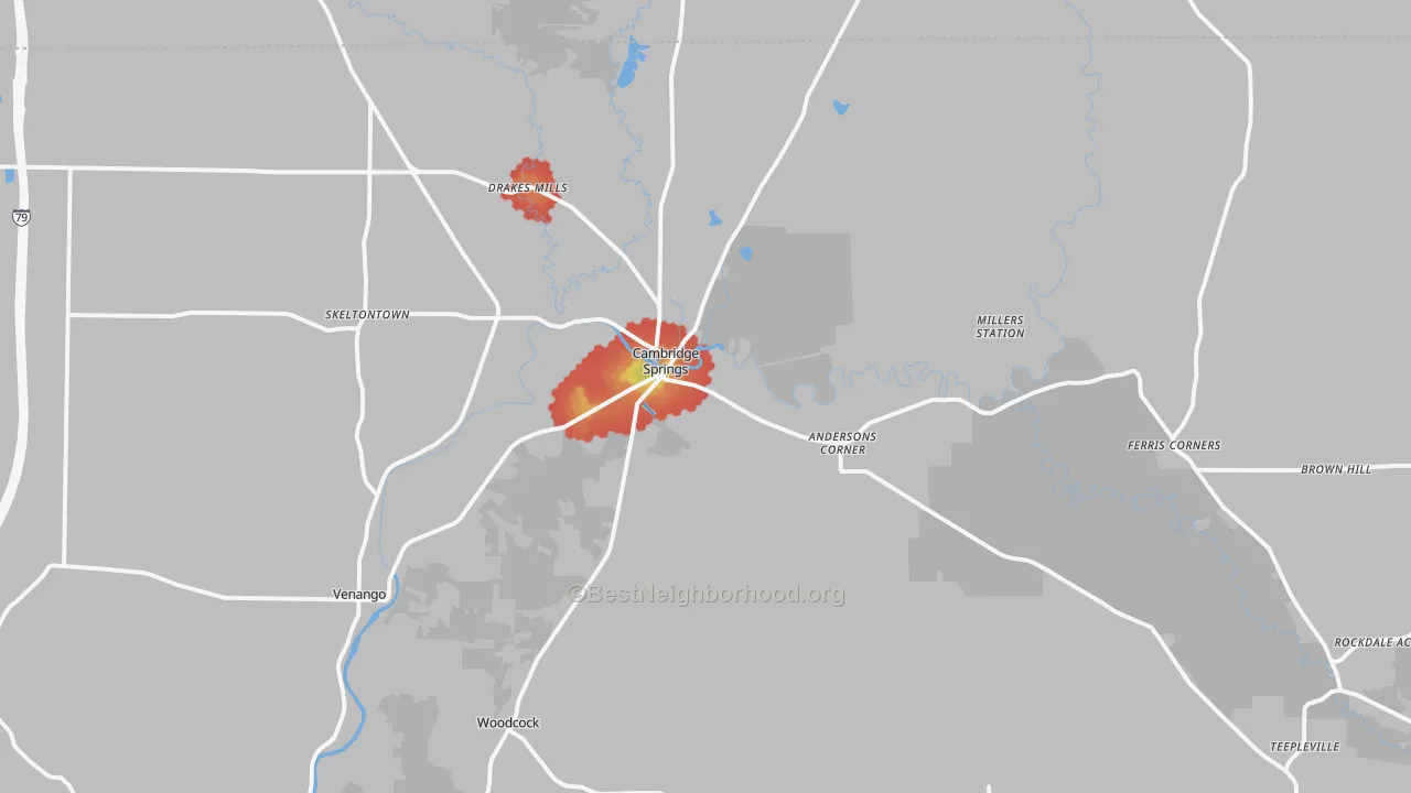 Walk Grade map of Cambridge Springs, PA, walkable areas in green and car-dependent areas in red