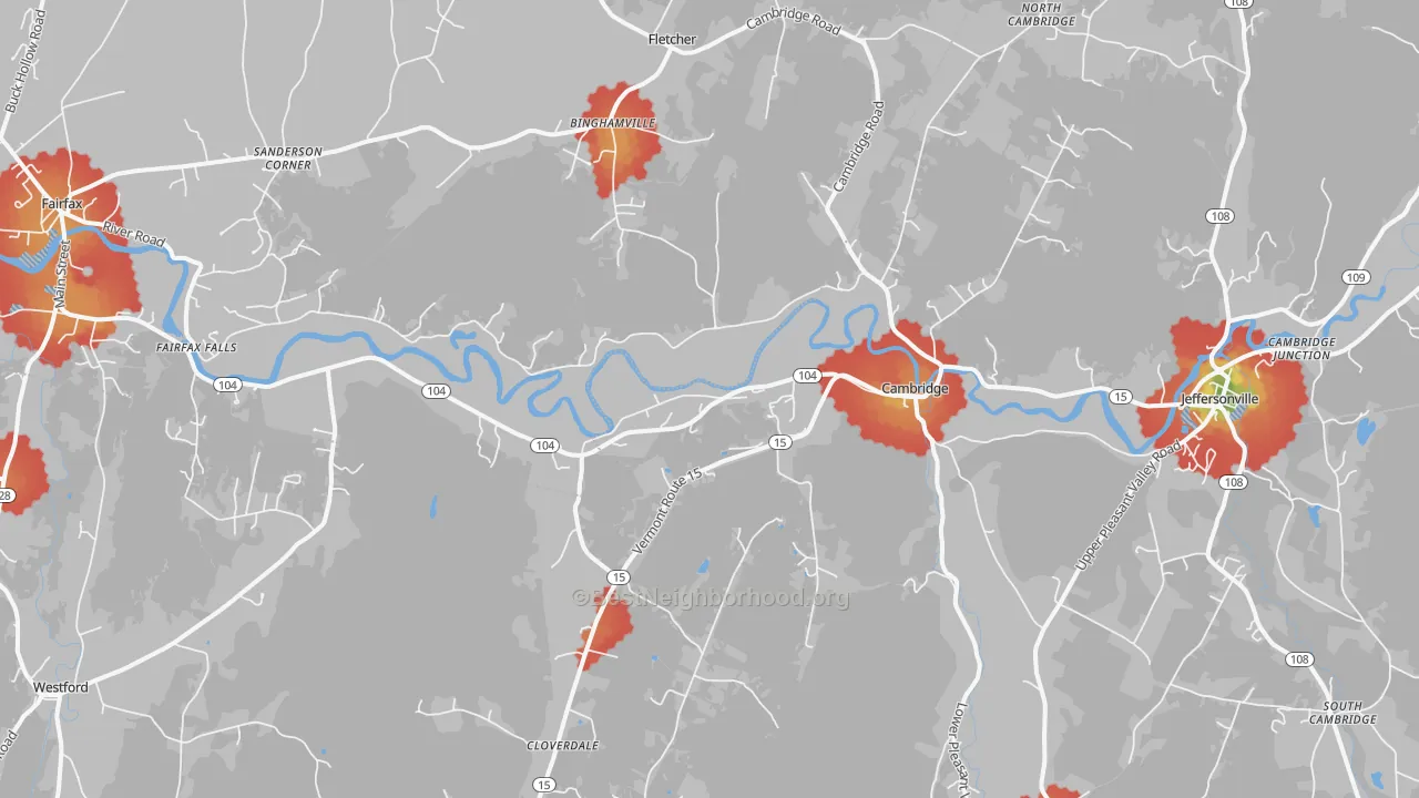 Walk Grade map of Cambridge, VT, walkable areas in green and car-dependent areas in red
