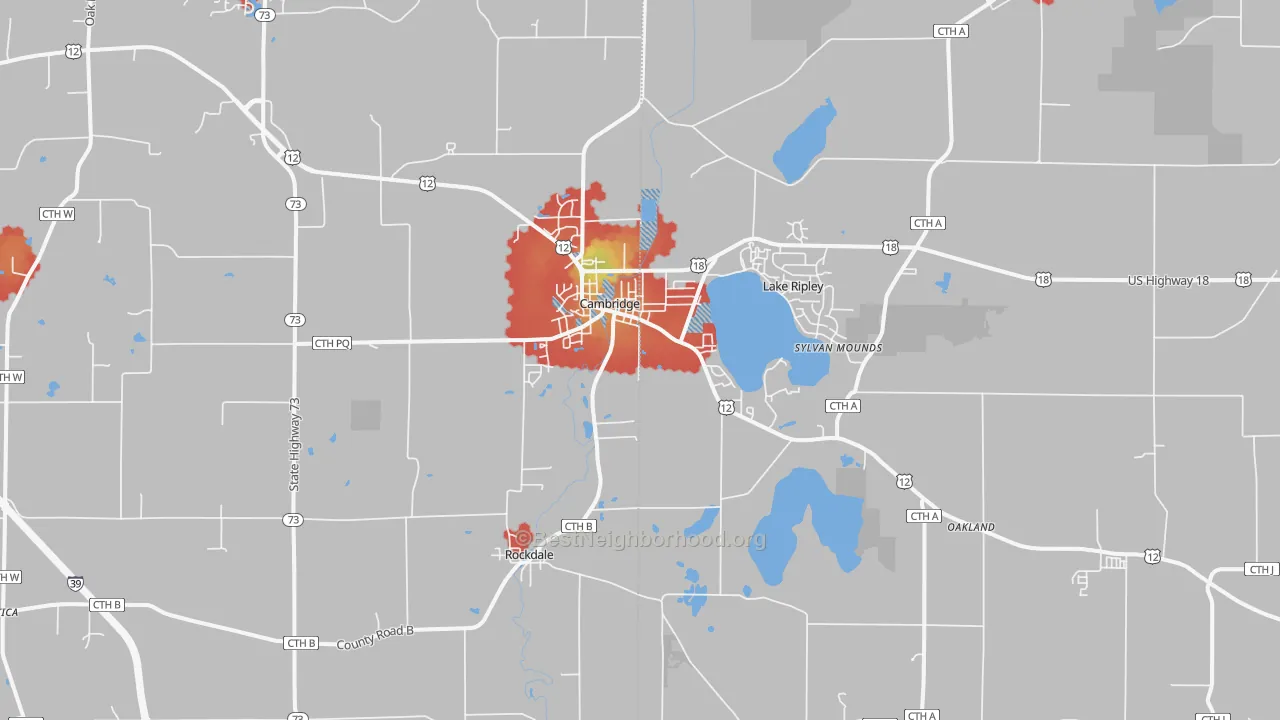Walk Grade map of Cambridge, WI, walkable areas in green and car-dependent areas in red
