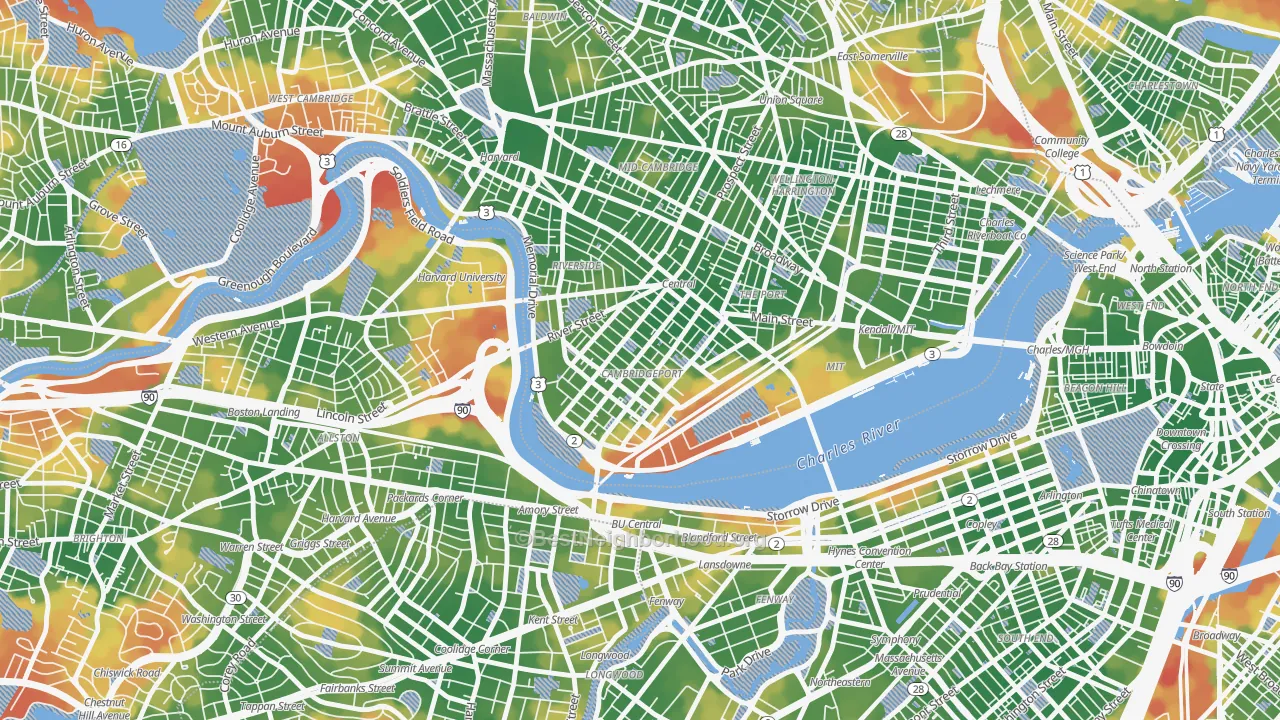 Walk Grade map of Cambridgeport, Cambridge, MA, walkable areas in green and car-dependent areas in red
