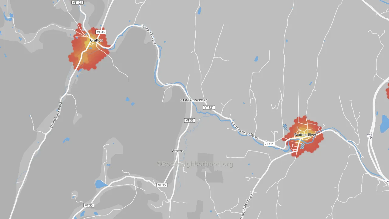 Walk Grade map of Cambridgeport, VT, walkable areas in green and car-dependent areas in red