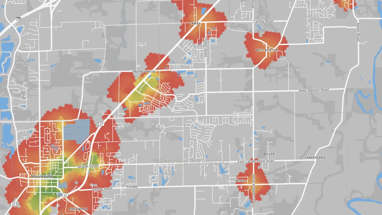 Walk Grade map of Camby, IN, walkable areas in green and car-dependent areas in red