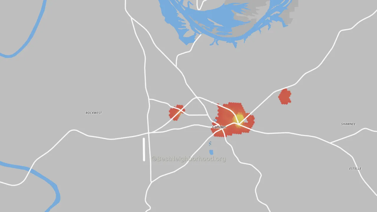 Walk Grade map of Camden, AL, walkable areas in green and car-dependent areas in red