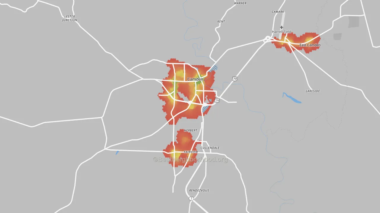 Walk Grade map of Camden, AR, walkable areas in green and car-dependent areas in red