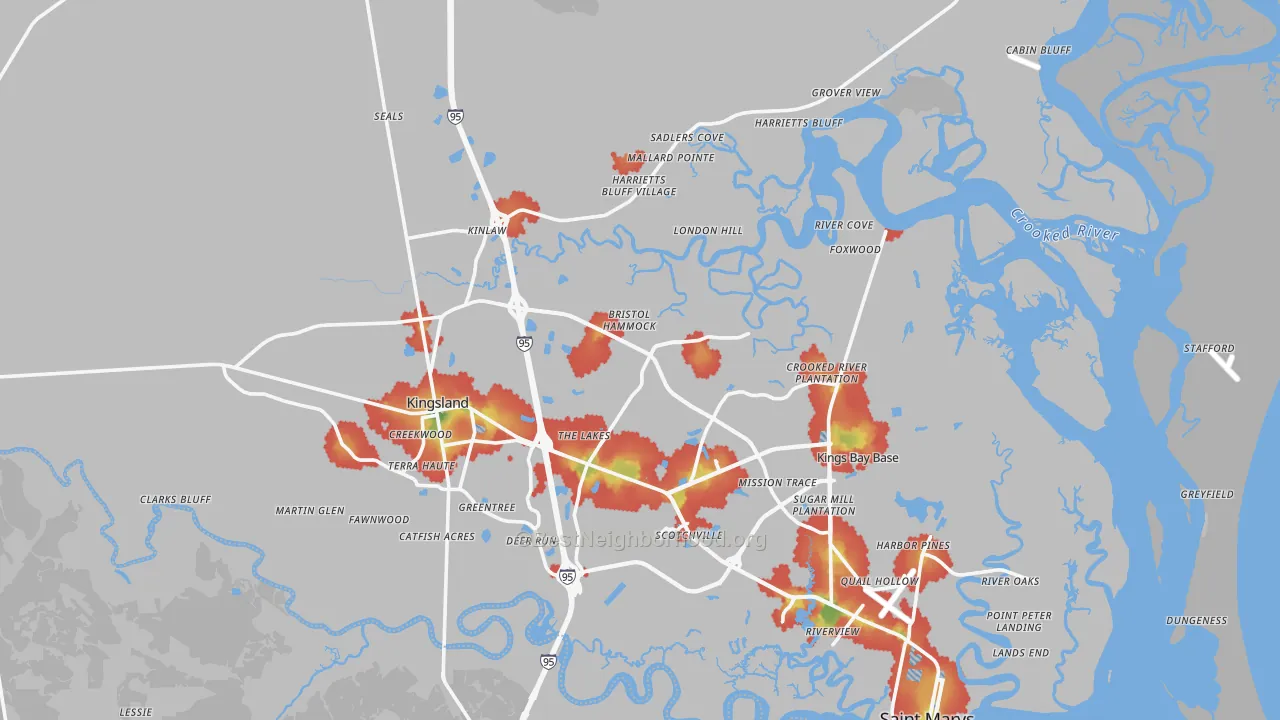 Walk Grade map of Camden County, GA, walkable areas in green and car-dependent areas in red