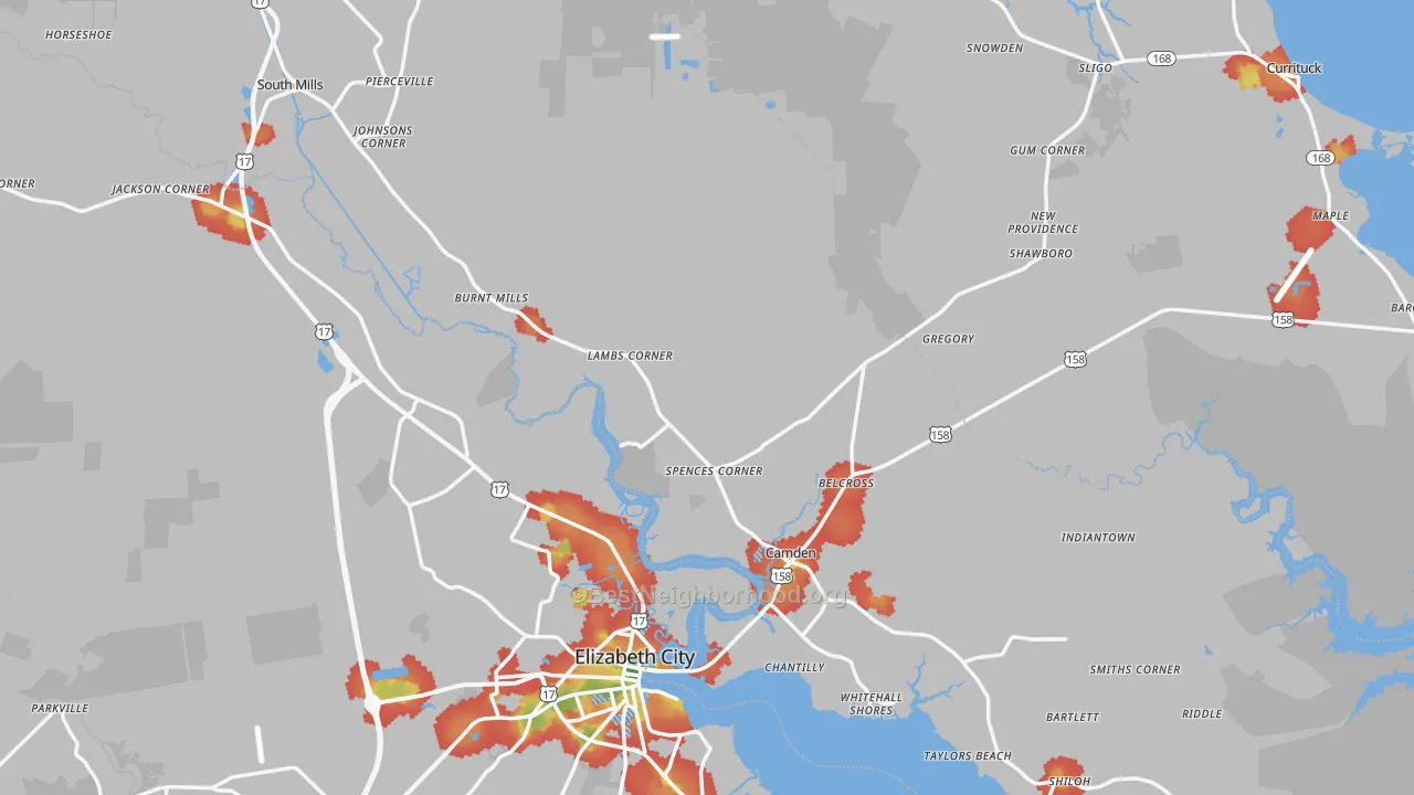 Walk Grade map of Camden County, NC, walkable areas in green and car-dependent areas in red