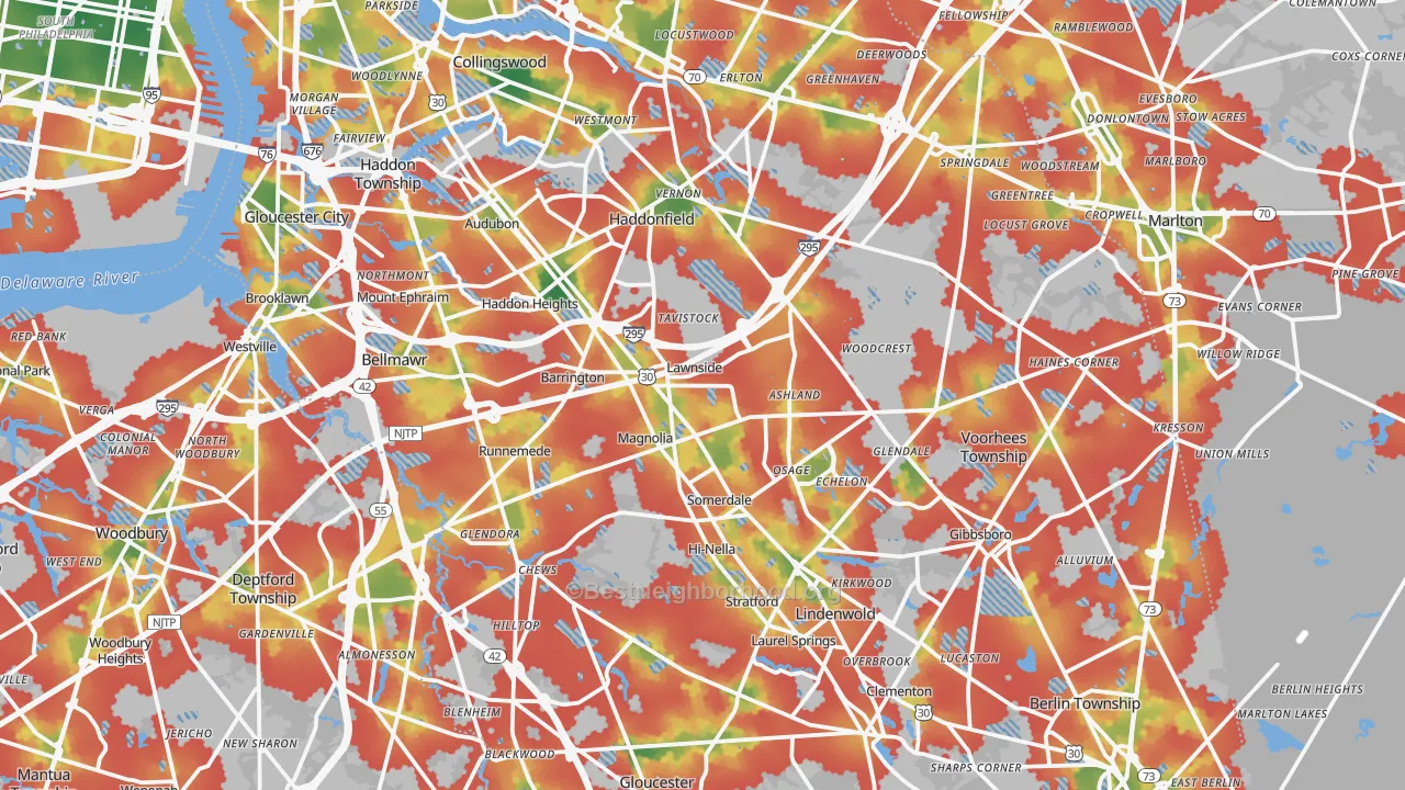 Walk Grade map of Camden County, NJ, walkable areas in green and car-dependent areas in red