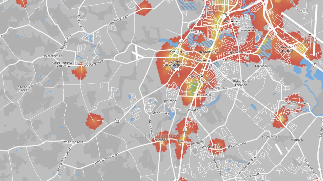 Walk Grade map of Camden, DE, walkable areas in green and car-dependent areas in red