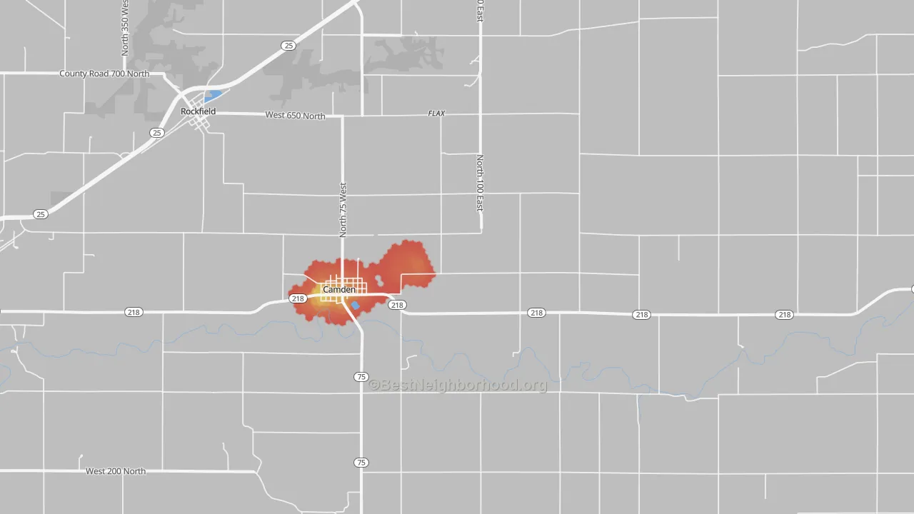 Walk Grade map of Camden, IN, walkable areas in green and car-dependent areas in red