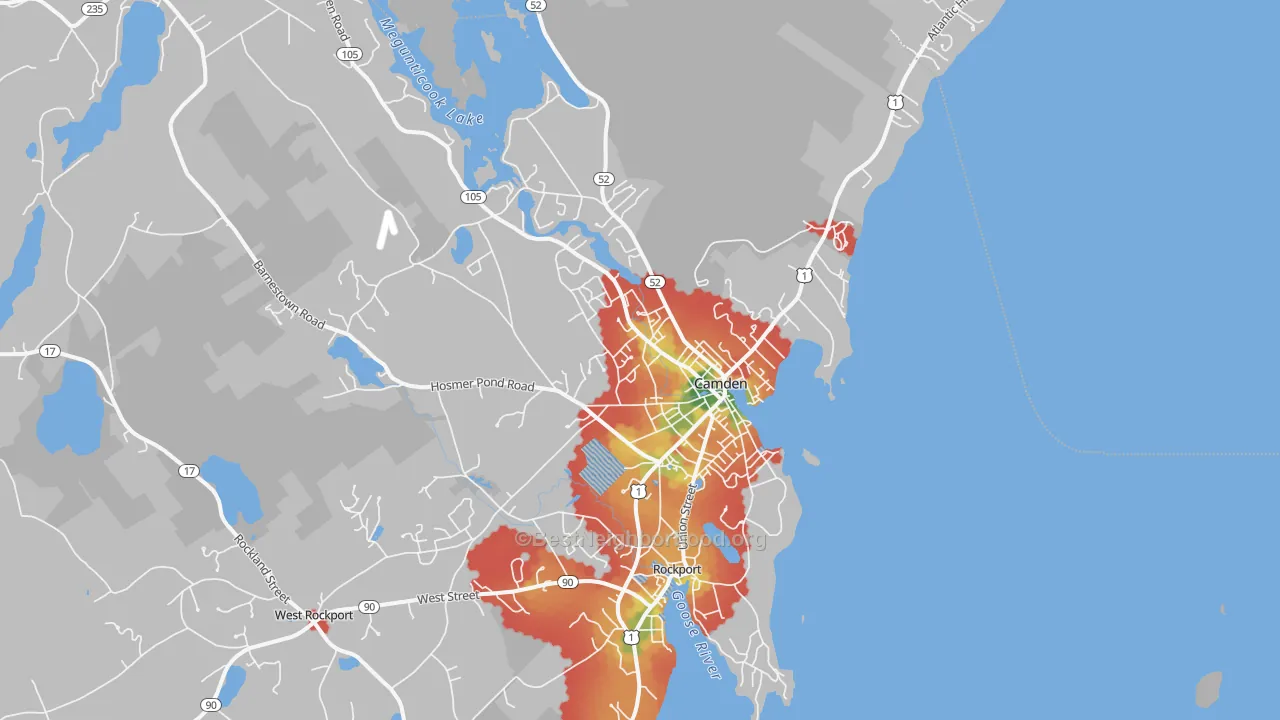 Walk Grade map of Camden, ME, walkable areas in green and car-dependent areas in red