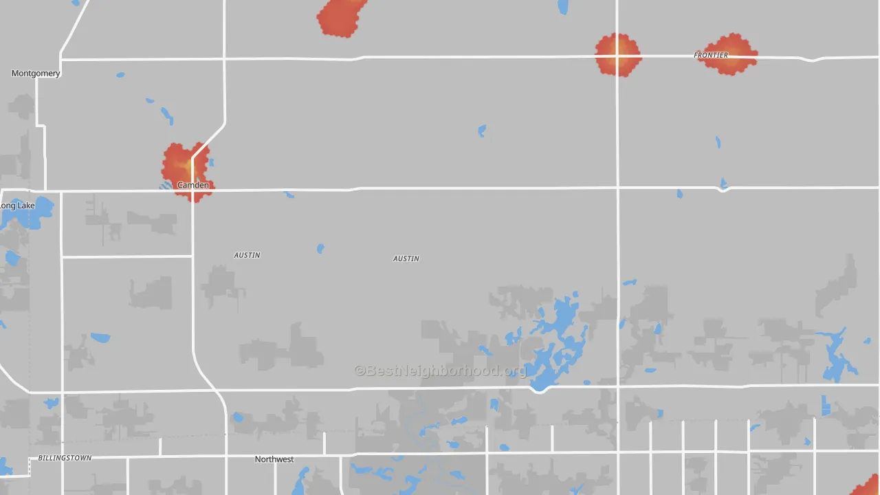 Walk Grade map of Camden, MI, walkable areas in green and car-dependent areas in red