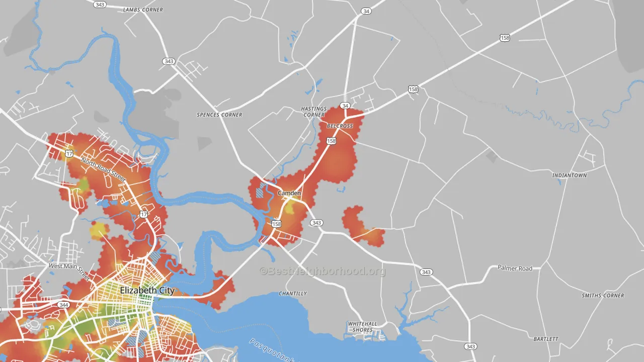 Walk Grade map of Camden, NC, walkable areas in green and car-dependent areas in red