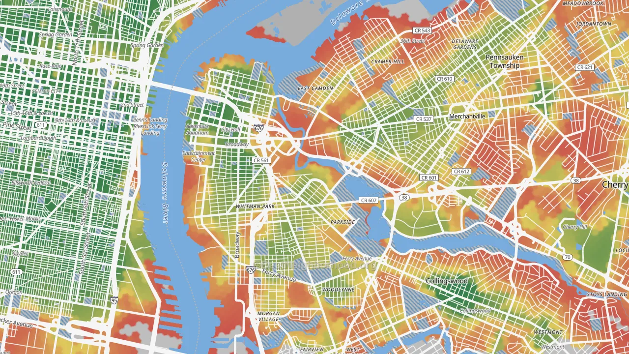 Walk Grade map of Camden, NJ, walkable areas in green and car-dependent areas in red