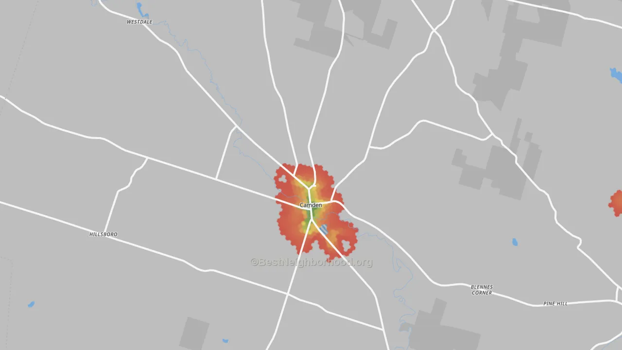 Walk Grade map of Camden, NY, walkable areas in green and car-dependent areas in red