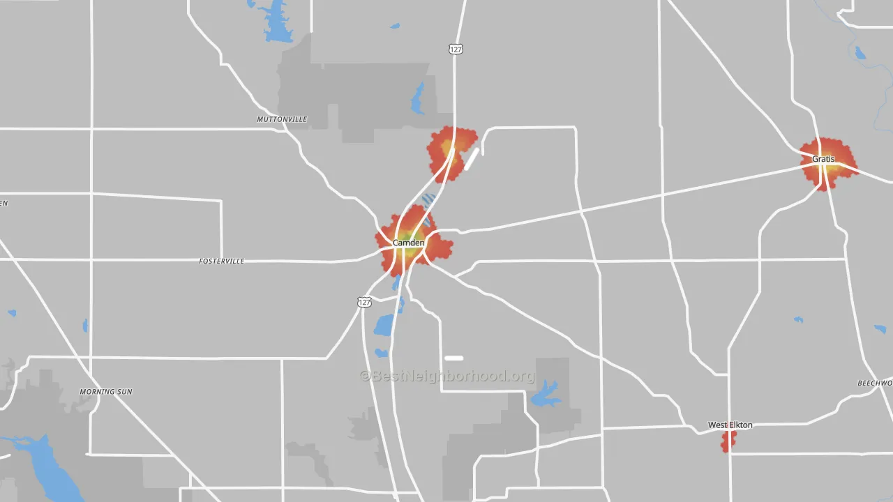 Walk Grade map of Camden, OH, walkable areas in green and car-dependent areas in red