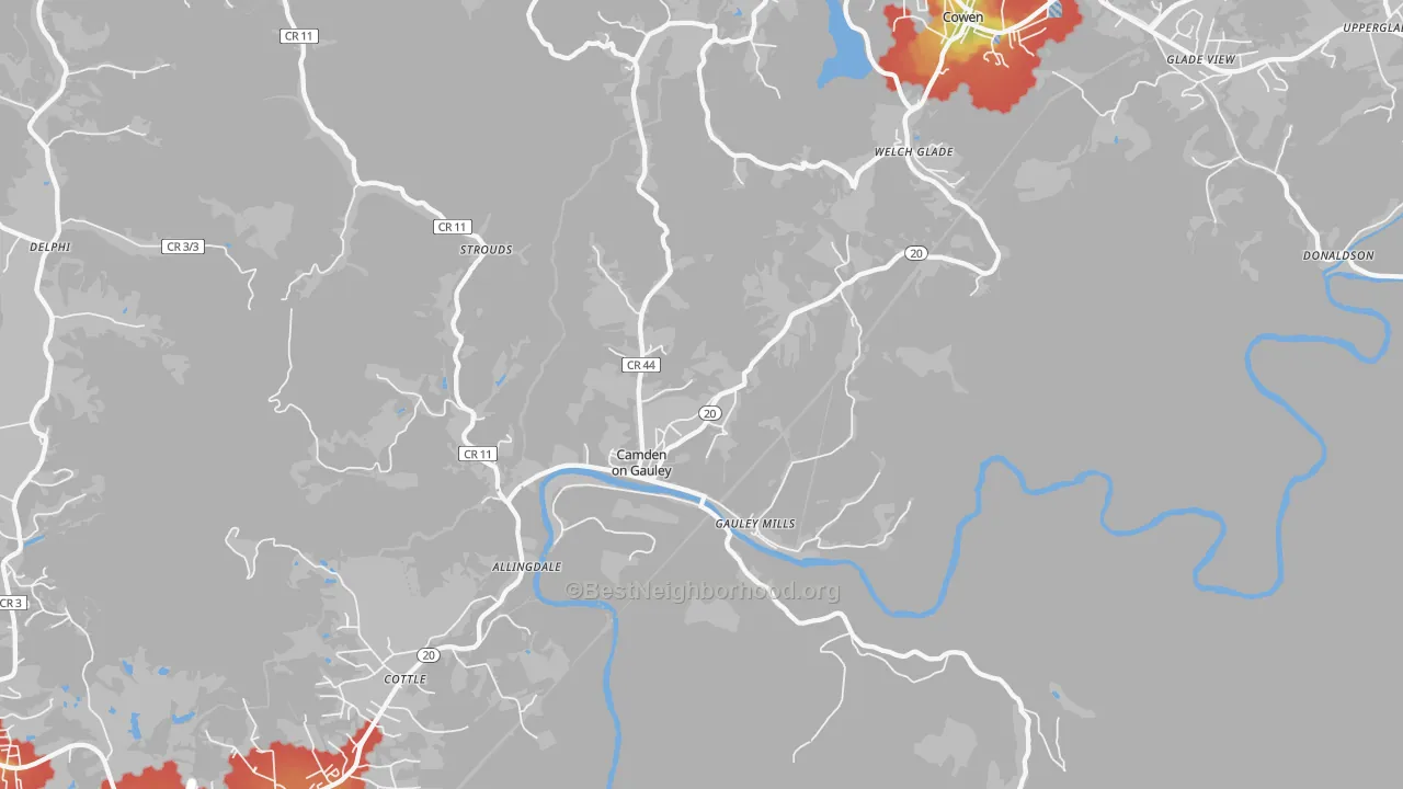 Walk Grade map of Camden-on-Gauley, WV, walkable areas in green and car-dependent areas in red