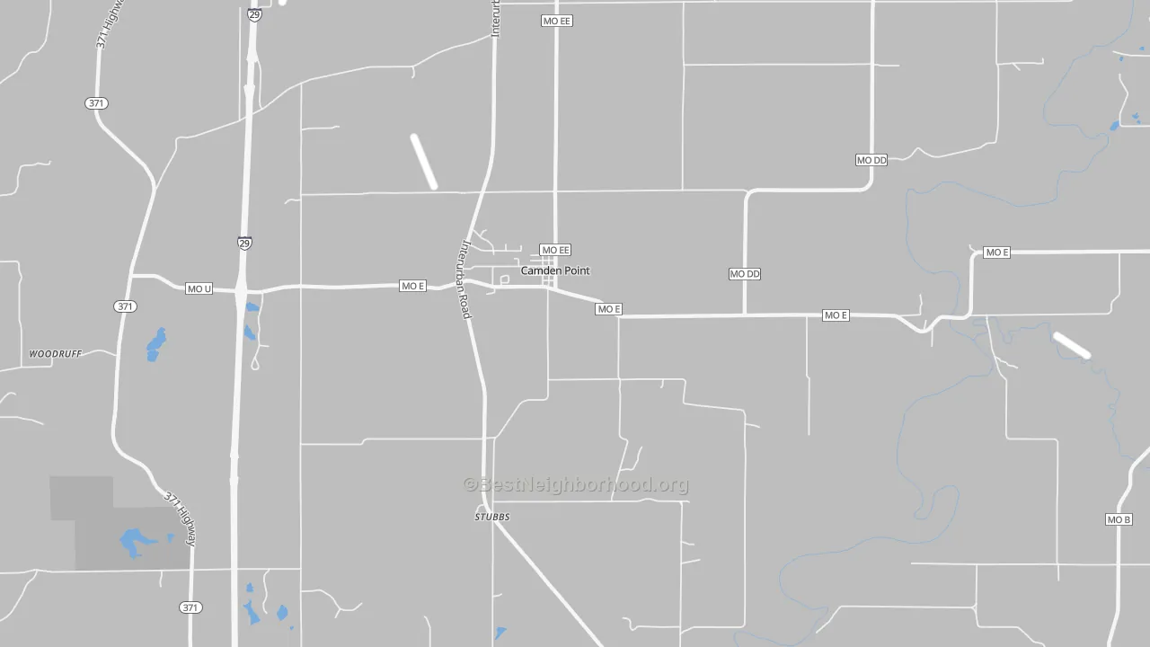 Walk Grade map of Camden Point, MO, walkable areas in green and car-dependent areas in red