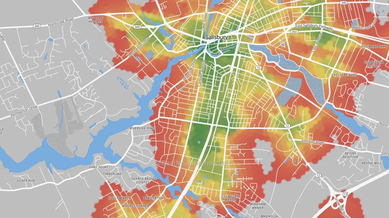 Walk Grade map of Camden, Salisbury, MD, walkable areas in green and car-dependent areas in red