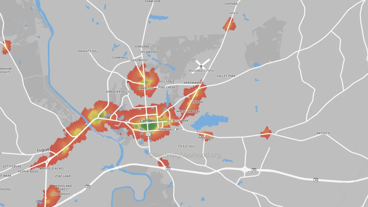 Walk Grade map of Camden, SC, walkable areas in green and car-dependent areas in red