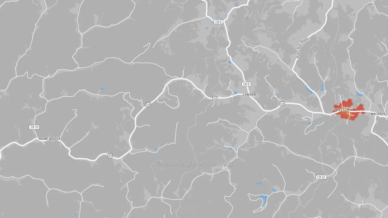 Walk Grade map of Camden, WV, walkable areas in green and car-dependent areas in red