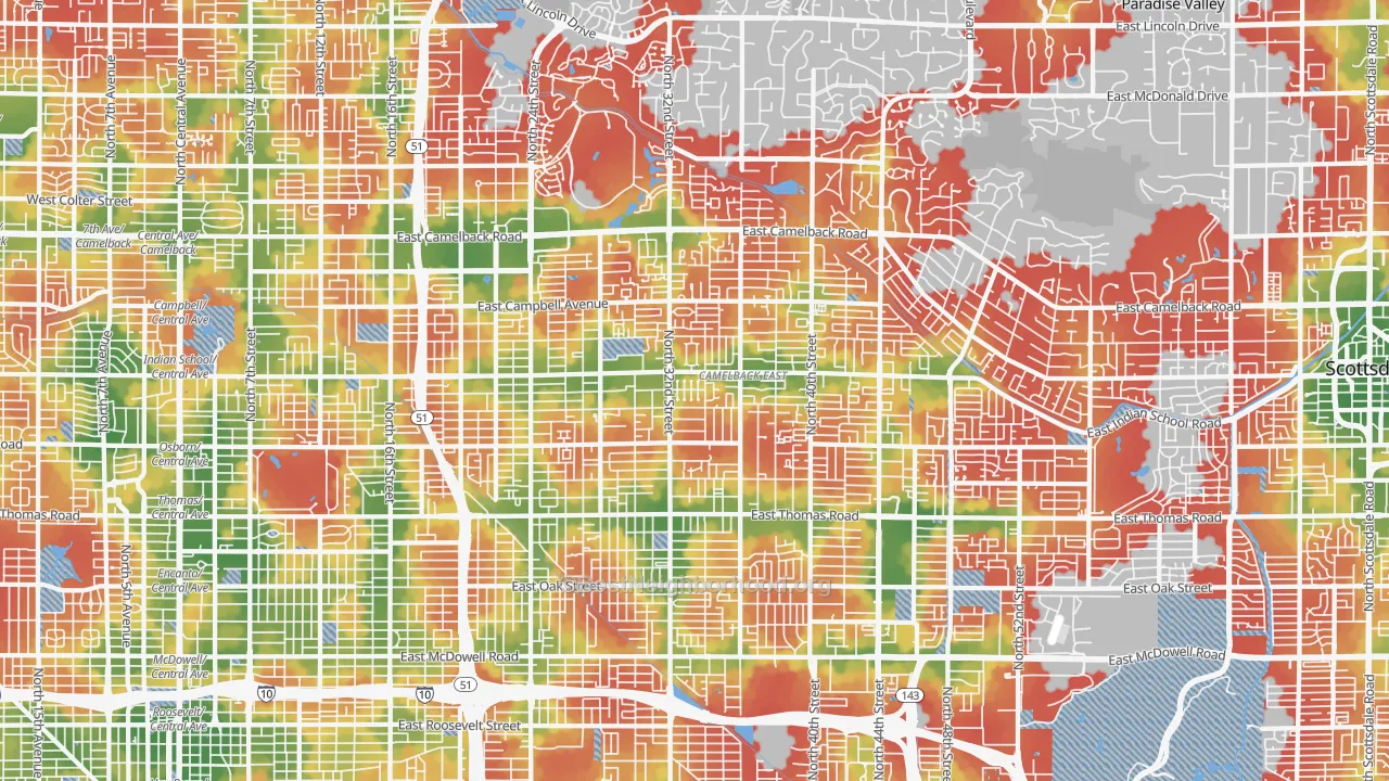 Walk Grade map of Camelback East, Phoenix, AZ, walkable areas in green and car-dependent areas in red