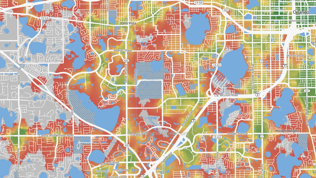 Walk Grade map of Camellia Gardens, Orlando, FL, walkable areas in green and car-dependent areas in red
