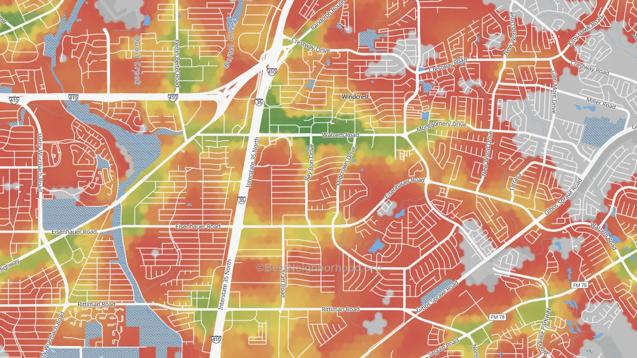 Walk Grade map of Camelot, San Antonio, TX, walkable areas in green and car-dependent areas in red