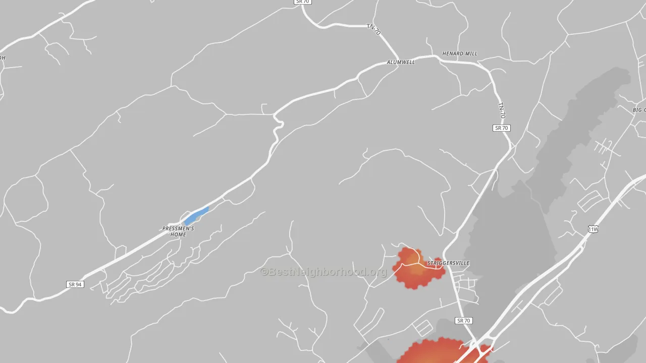 Walk Grade map of Camelot, TN, walkable areas in green and car-dependent areas in red