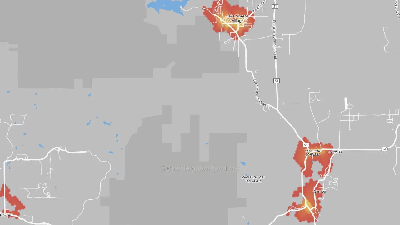 Walk Grade map of Cameron Corners, CA, walkable areas in green and car-dependent areas in red