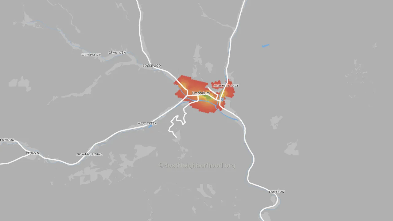 Walk Grade map of Cameron County, PA, walkable areas in green and car-dependent areas in red