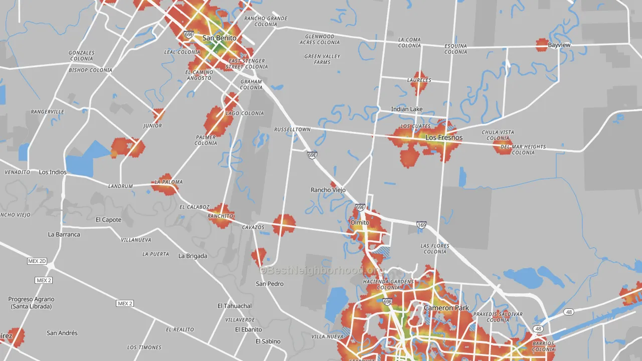Walk Grade map of Cameron County, TX, walkable areas in green and car-dependent areas in red