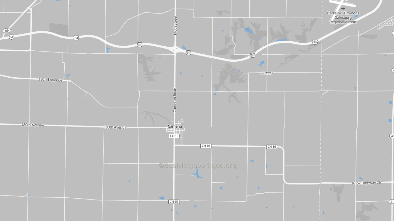 Walk Grade map of Cameron, IL, walkable areas in green and car-dependent areas in red