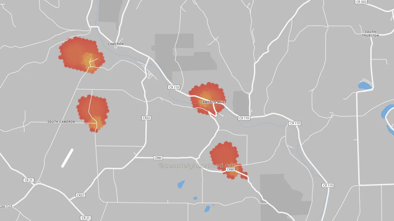 Walk Grade map of Cameron Mills, NY, walkable areas in green and car-dependent areas in red