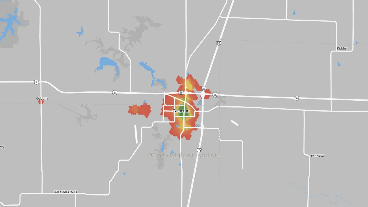 Walk Grade map of Cameron, MO, walkable areas in green and car-dependent areas in red