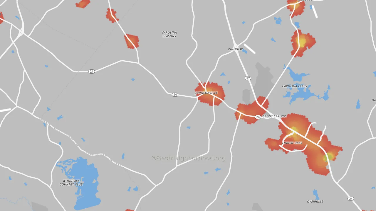 Walk Grade map of Cameron, NC, walkable areas in green and car-dependent areas in red