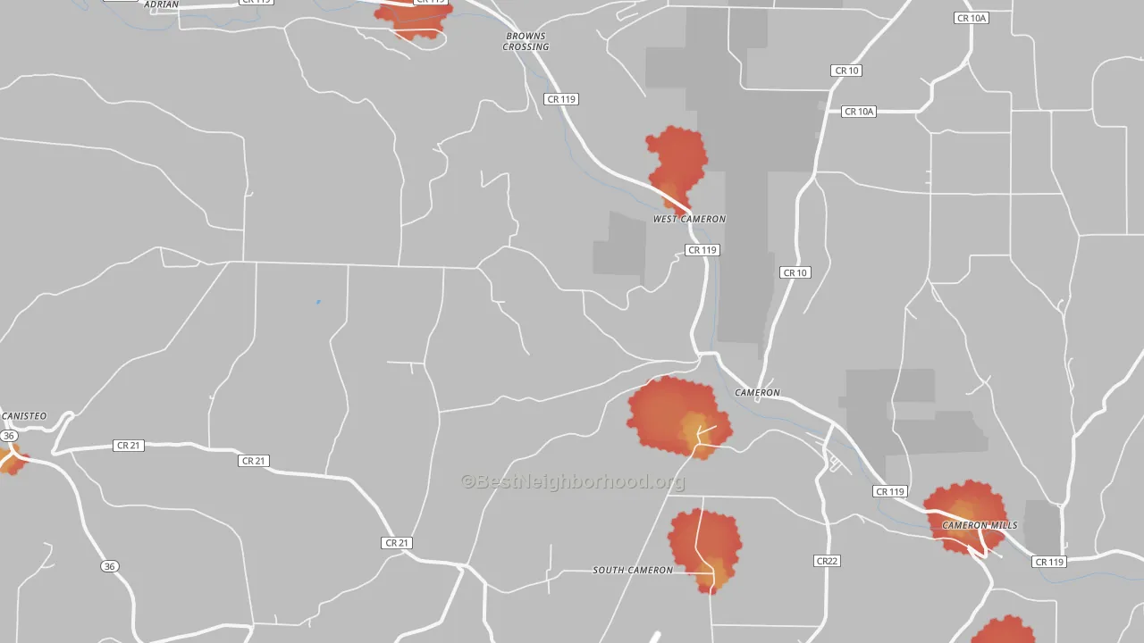 Walk Grade map of Cameron, NY, walkable areas in green and car-dependent areas in red