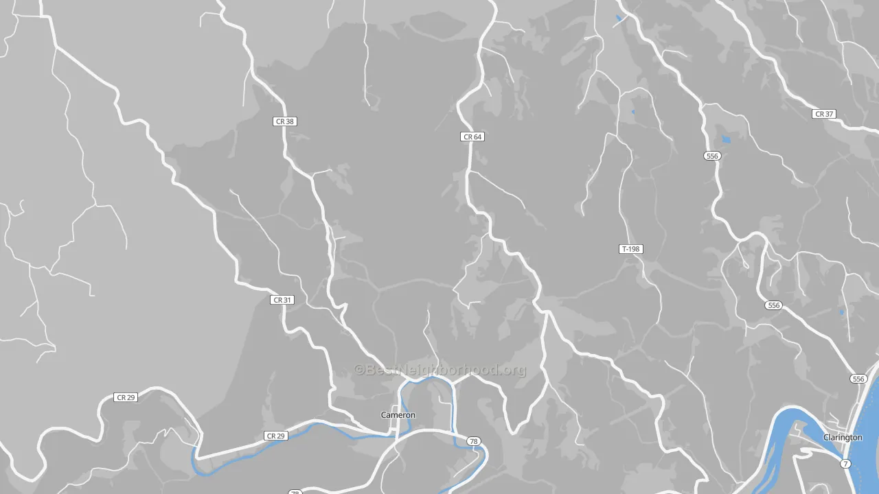 Walk Grade map of Cameron, OH, walkable areas in green and car-dependent areas in red