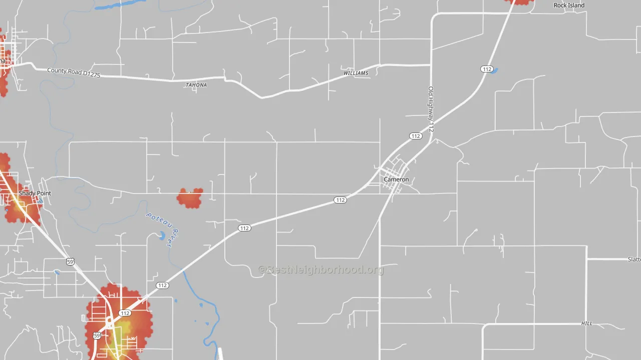 Walk Grade map of Cameron, OK, walkable areas in green and car-dependent areas in red