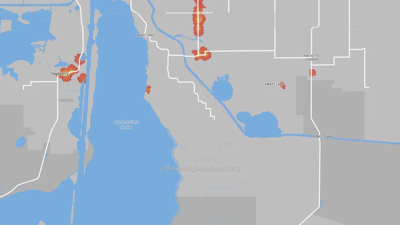 Walk Grade map of Cameron Parish, LA, walkable areas in green and car-dependent areas in red