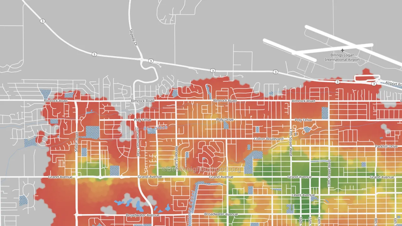 Walk Grade map of Cameron Park, Billings, MT, walkable areas in green and car-dependent areas in red