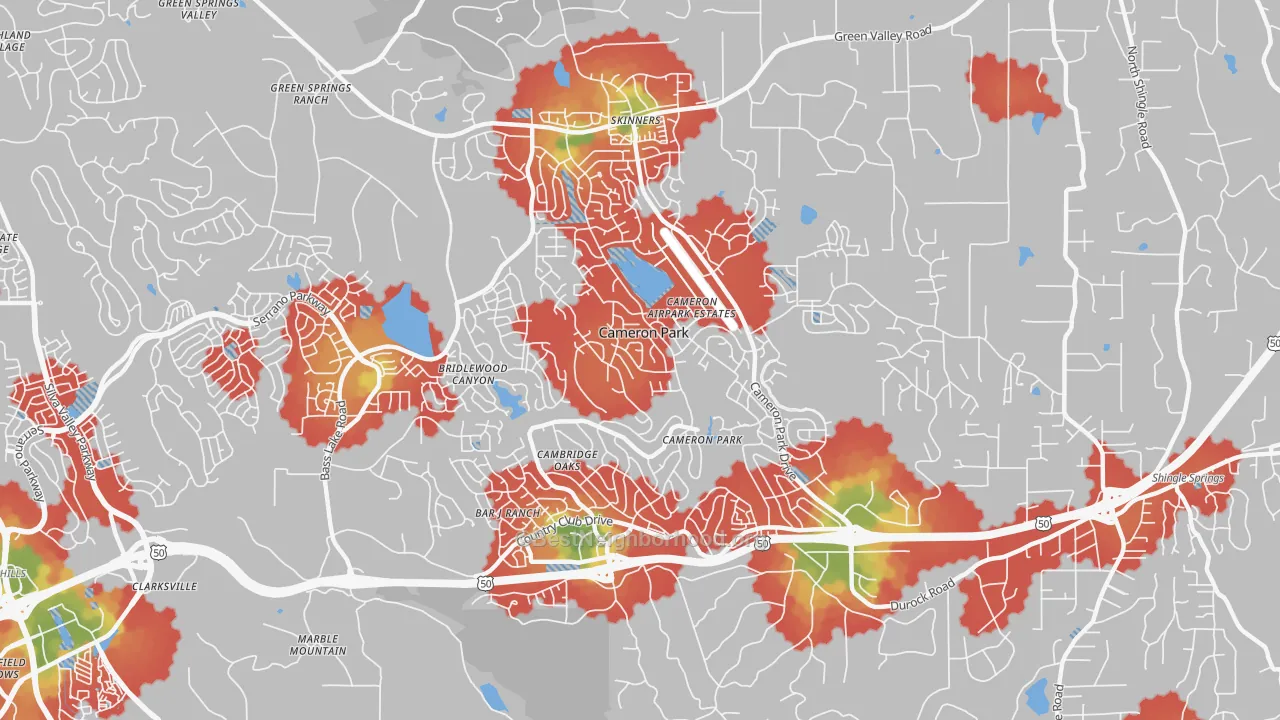 Walk Grade map of Cameron Park, CA, walkable areas in green and car-dependent areas in red
