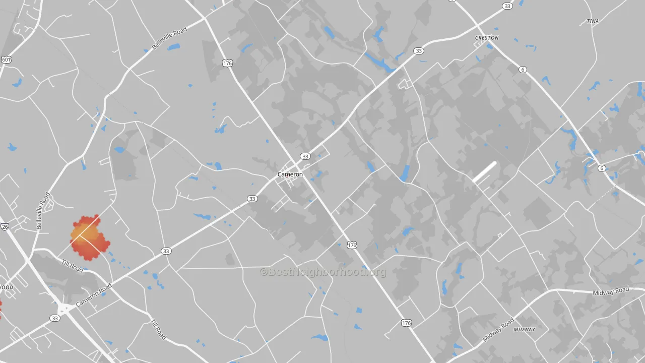 Walk Grade map of Cameron, SC, walkable areas in green and car-dependent areas in red