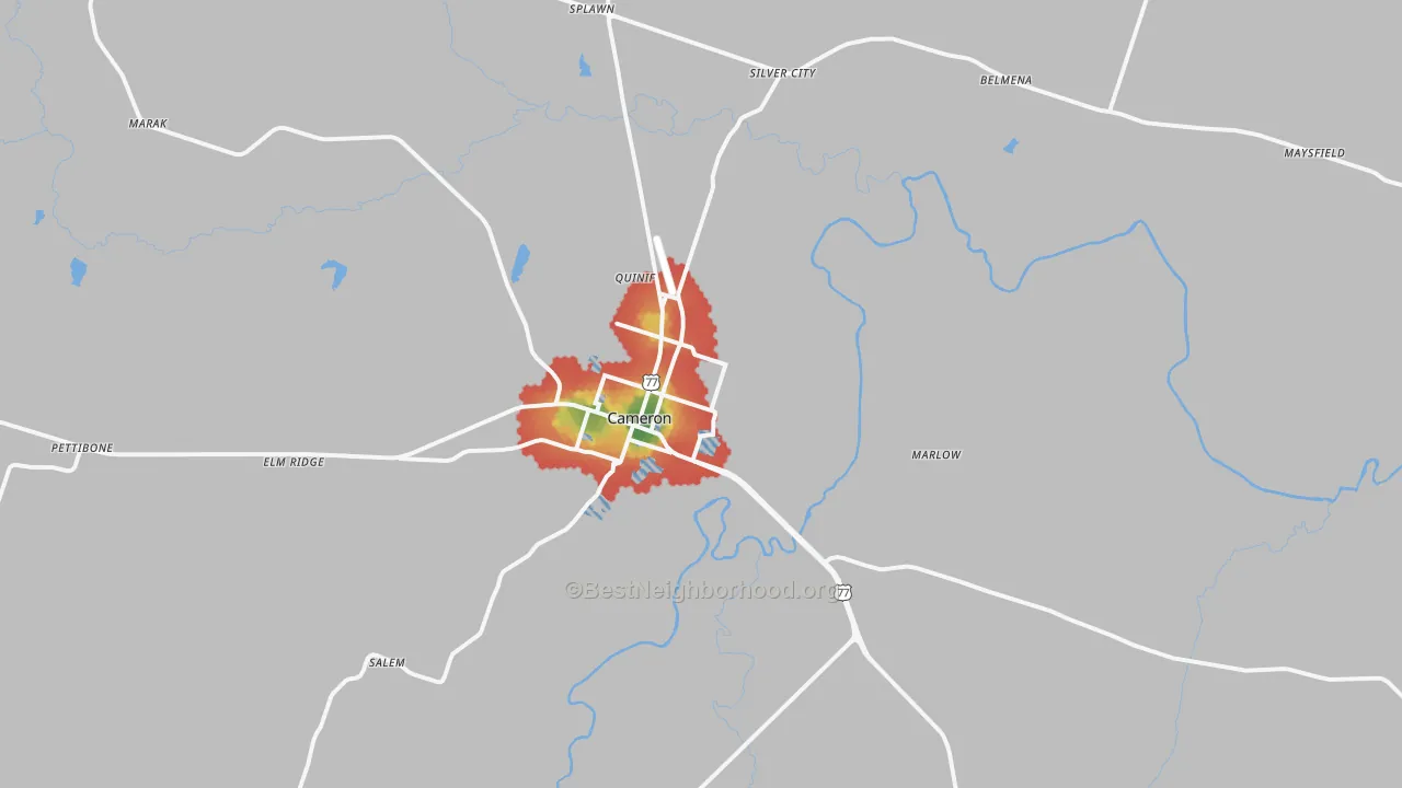 Walk Grade map of Cameron, TX, walkable areas in green and car-dependent areas in red