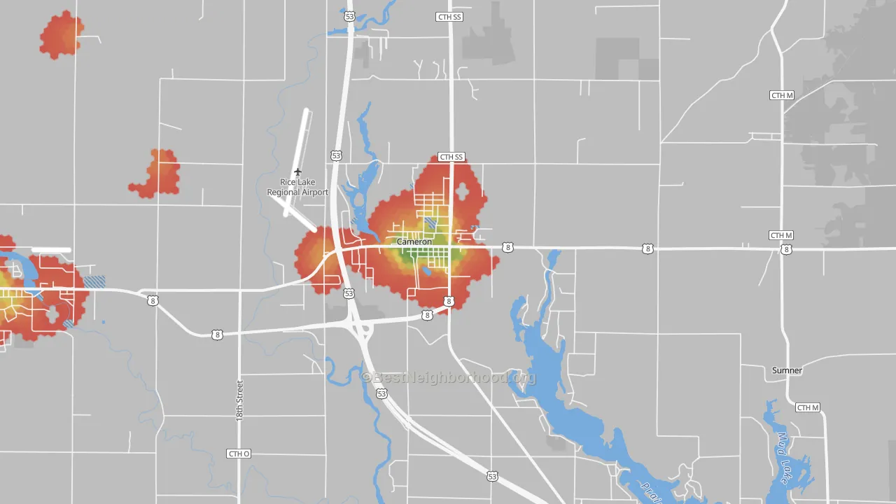 Walk Grade map of Cameron, WI, walkable areas in green and car-dependent areas in red