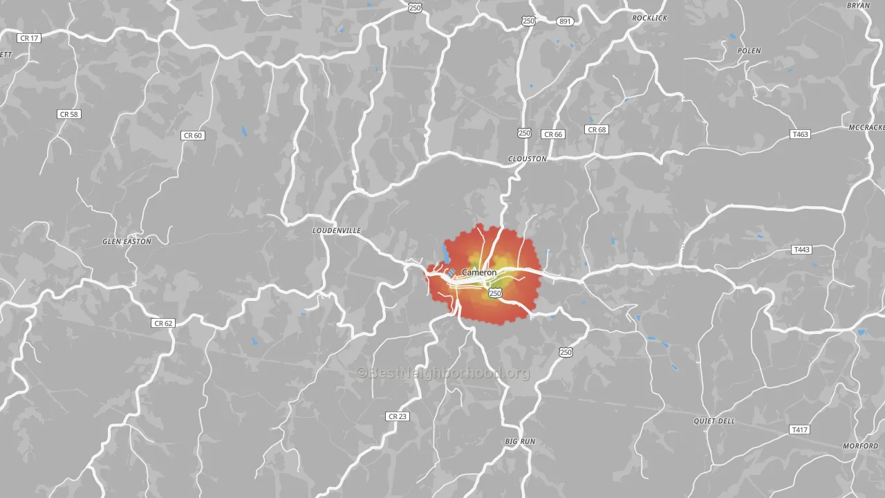 Walk Grade map of Cameron, WV, walkable areas in green and car-dependent areas in red