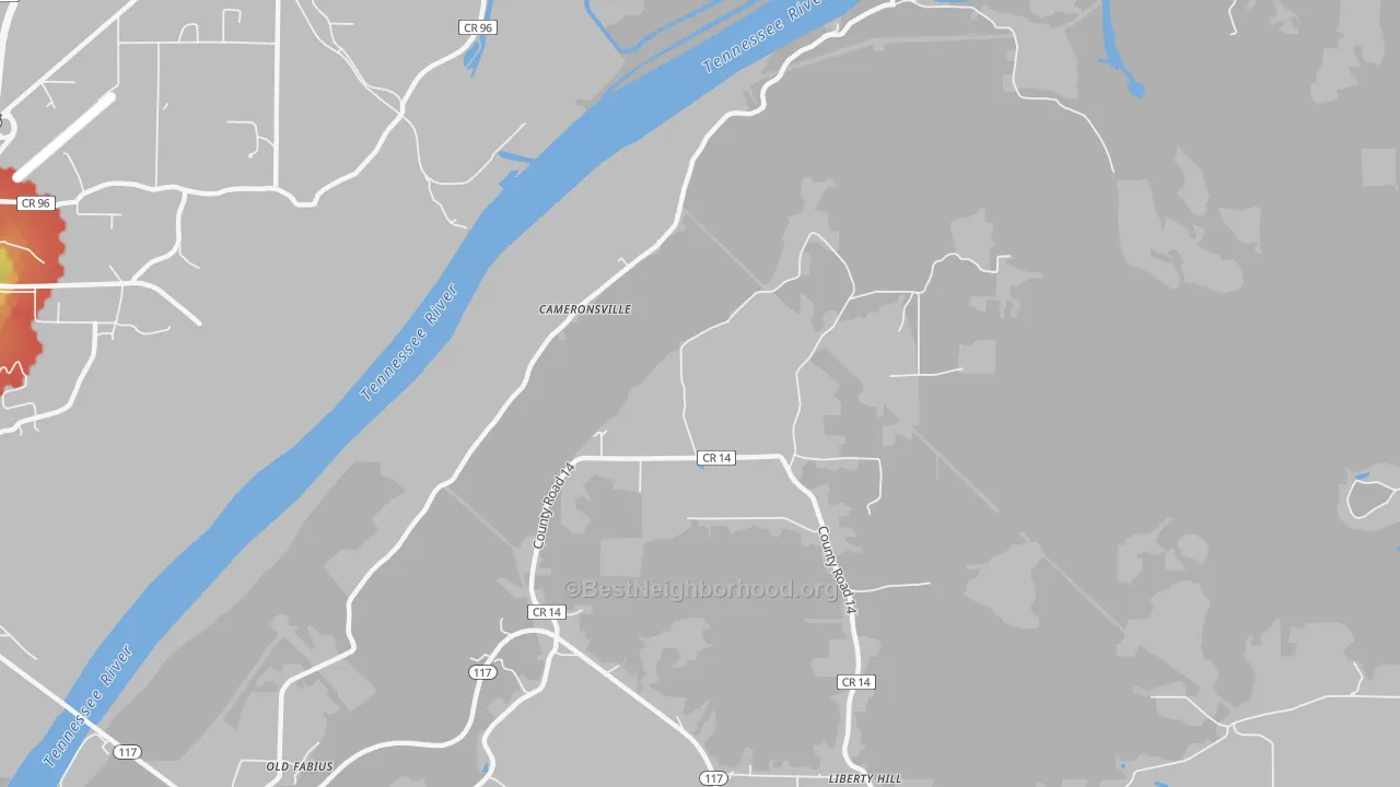 Walk Grade map of Cameronsville, AL, walkable areas in green and car-dependent areas in red
