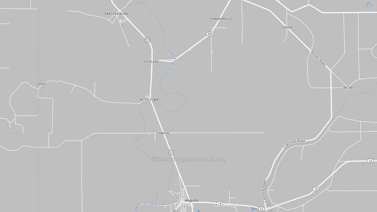 Walk Grade map of Cameta, MS, walkable areas in green and car-dependent areas in red