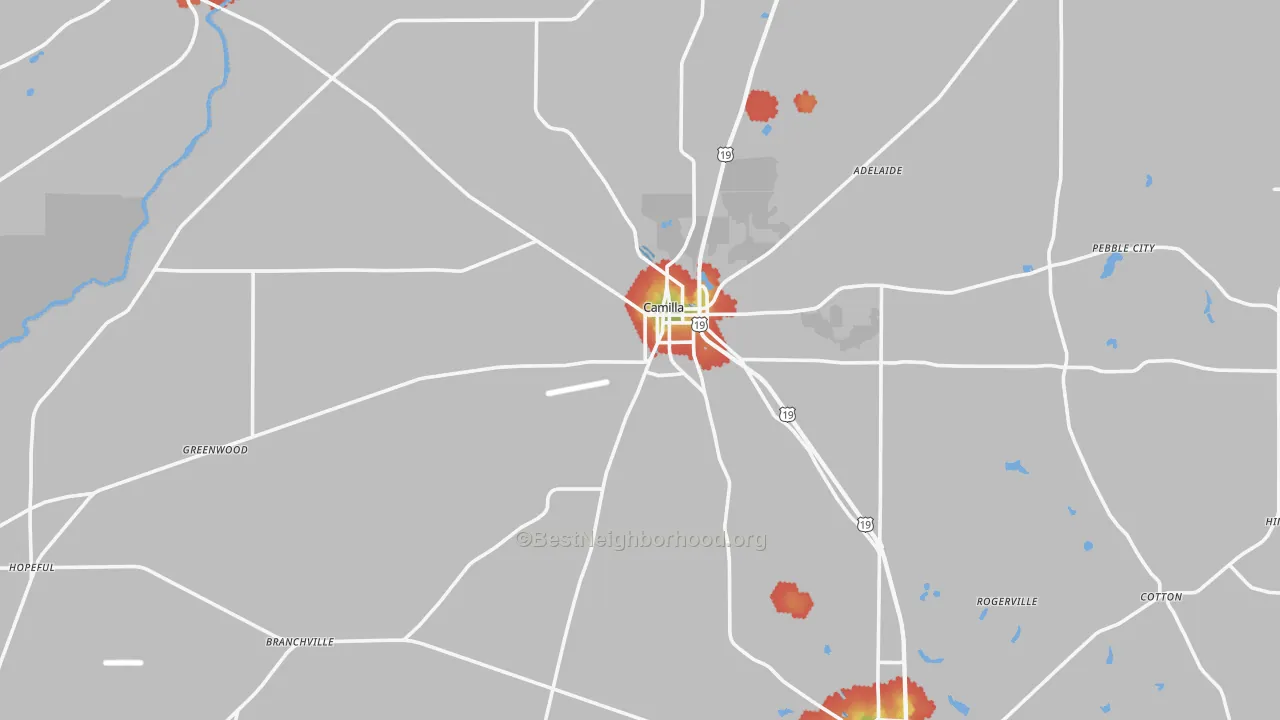Walk Grade map of Camilla, GA, walkable areas in green and car-dependent areas in red