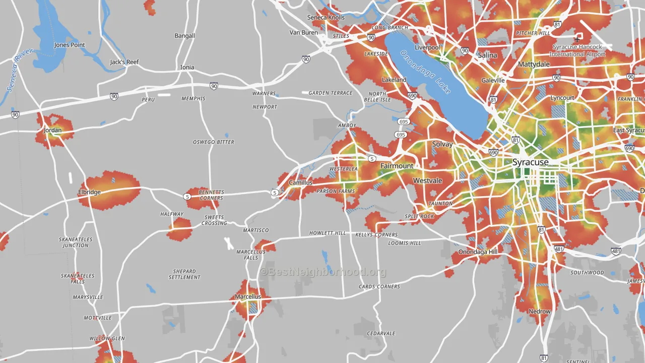 Walk Grade map of Camillus, NY, walkable areas in green and car-dependent areas in red