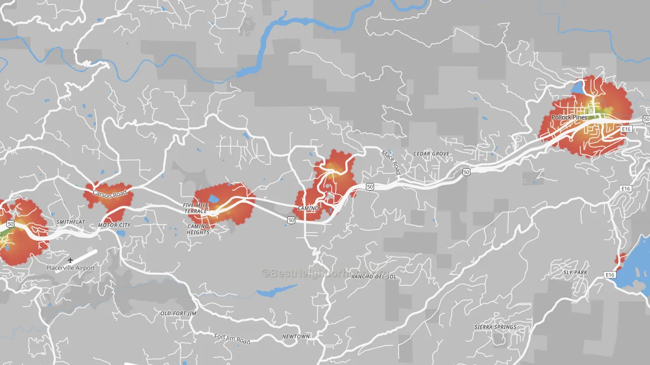 Walk Grade map of Camino, CA, walkable areas in green and car-dependent areas in red